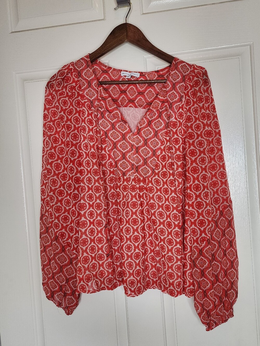 Maison d'Amélie Red Boho Geometric Long Sleeve Peasant Blouse Size Medium